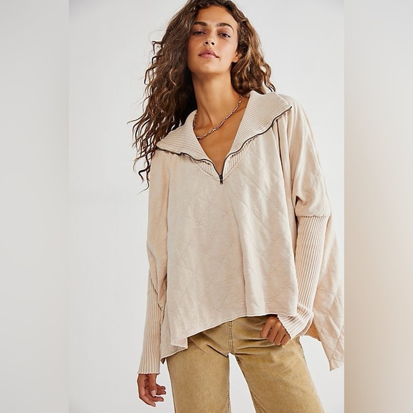 Free People Sweaters - Free People Fp One Shiloh Sweatshirt Pullover Zip Oversized Ribbed sz M beige